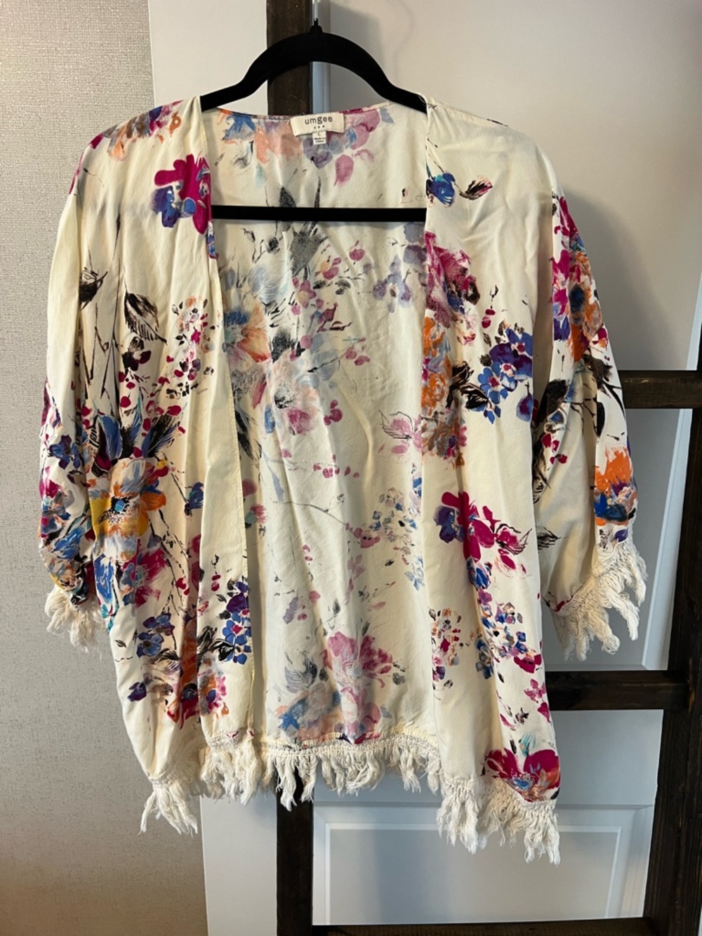 Umgee Cream Floral Fringe Open Kimono with Pink, Blue & Orange Blossoms